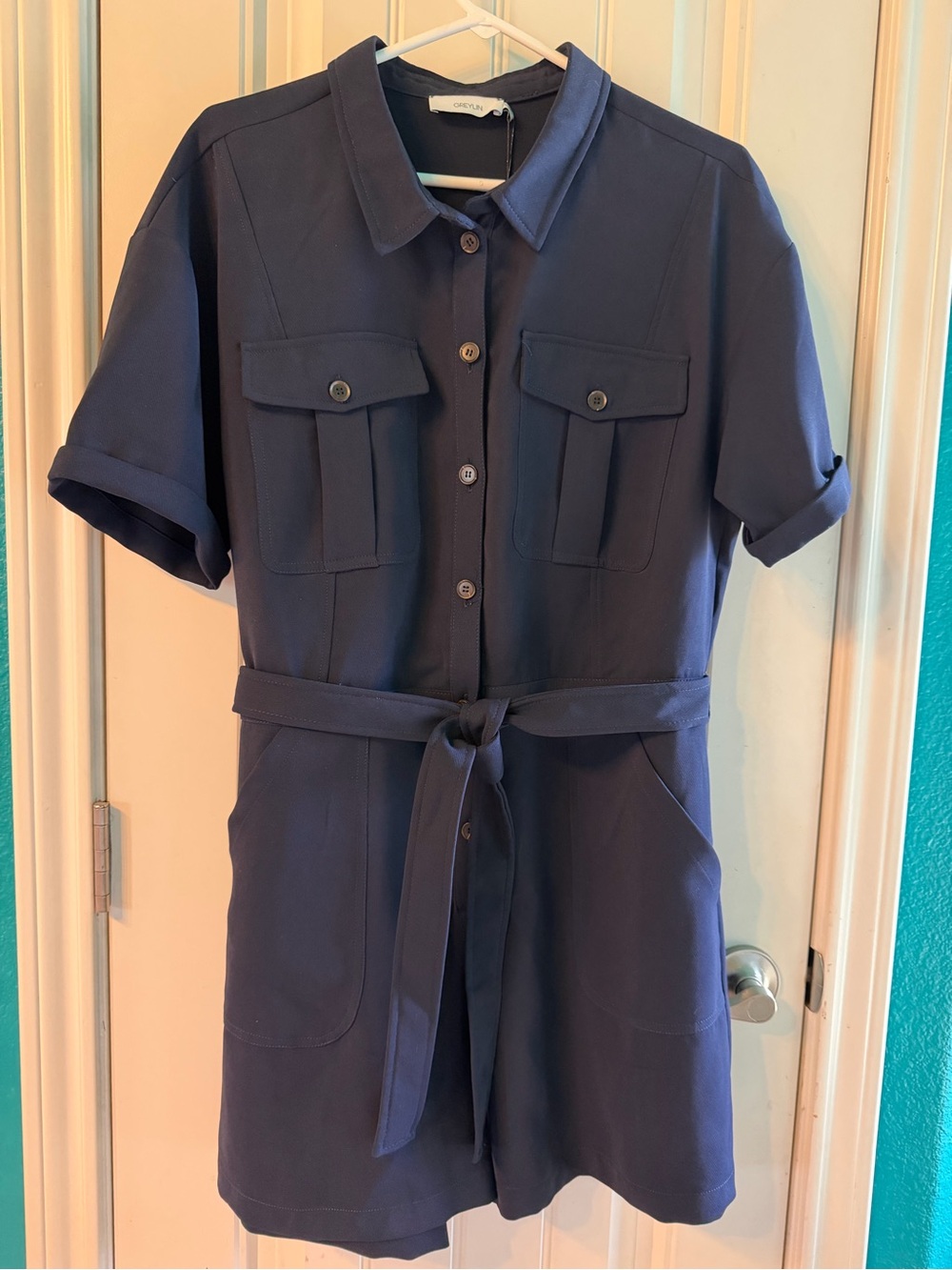Greylin Navy Utility Jumpsuit with Waist Tie large shorts